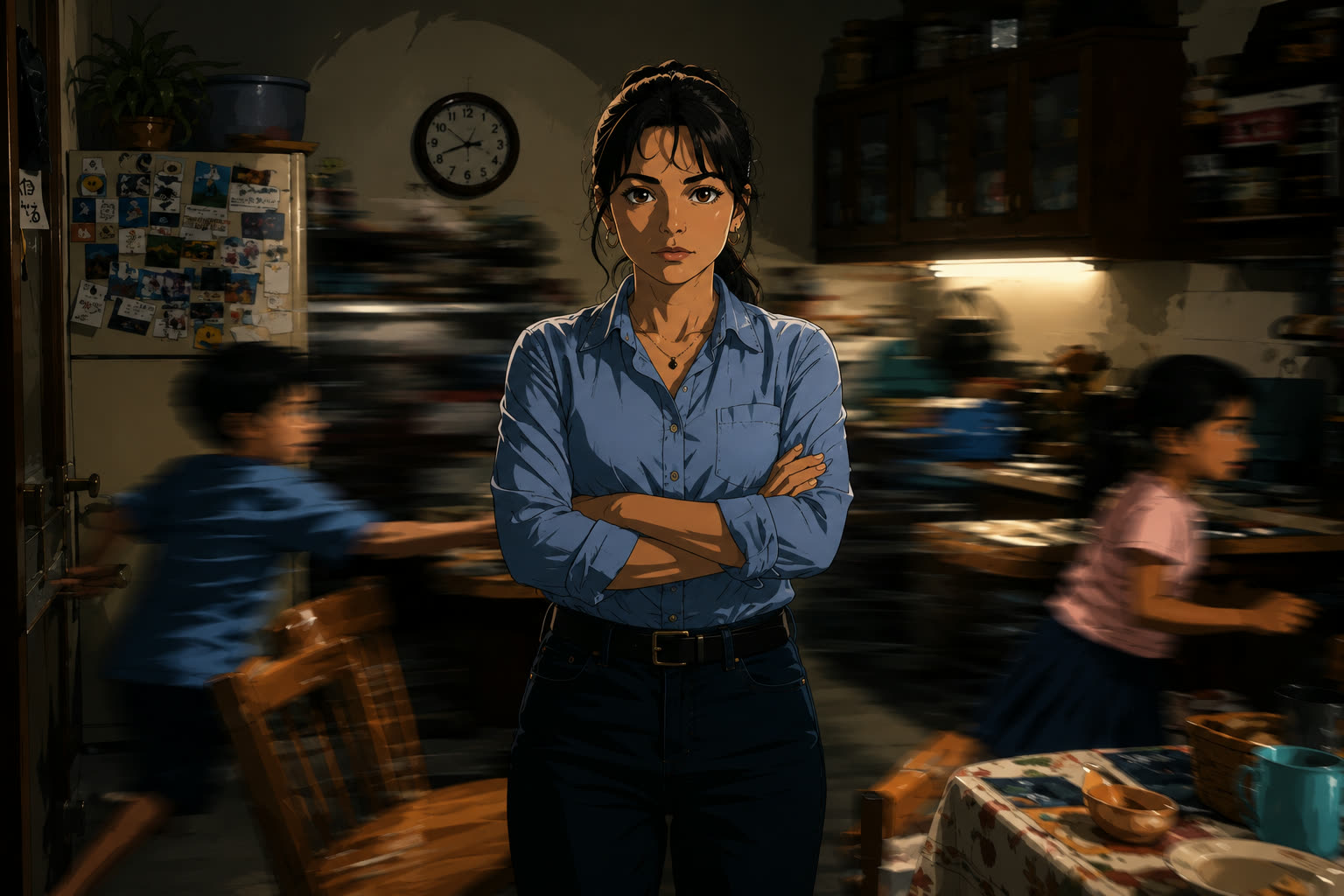 María Fernanda de pie e inmóvil en la cocina, nítida, mientras sus dos hijos cruzan la habitación convertidos en estelas de movimiento.