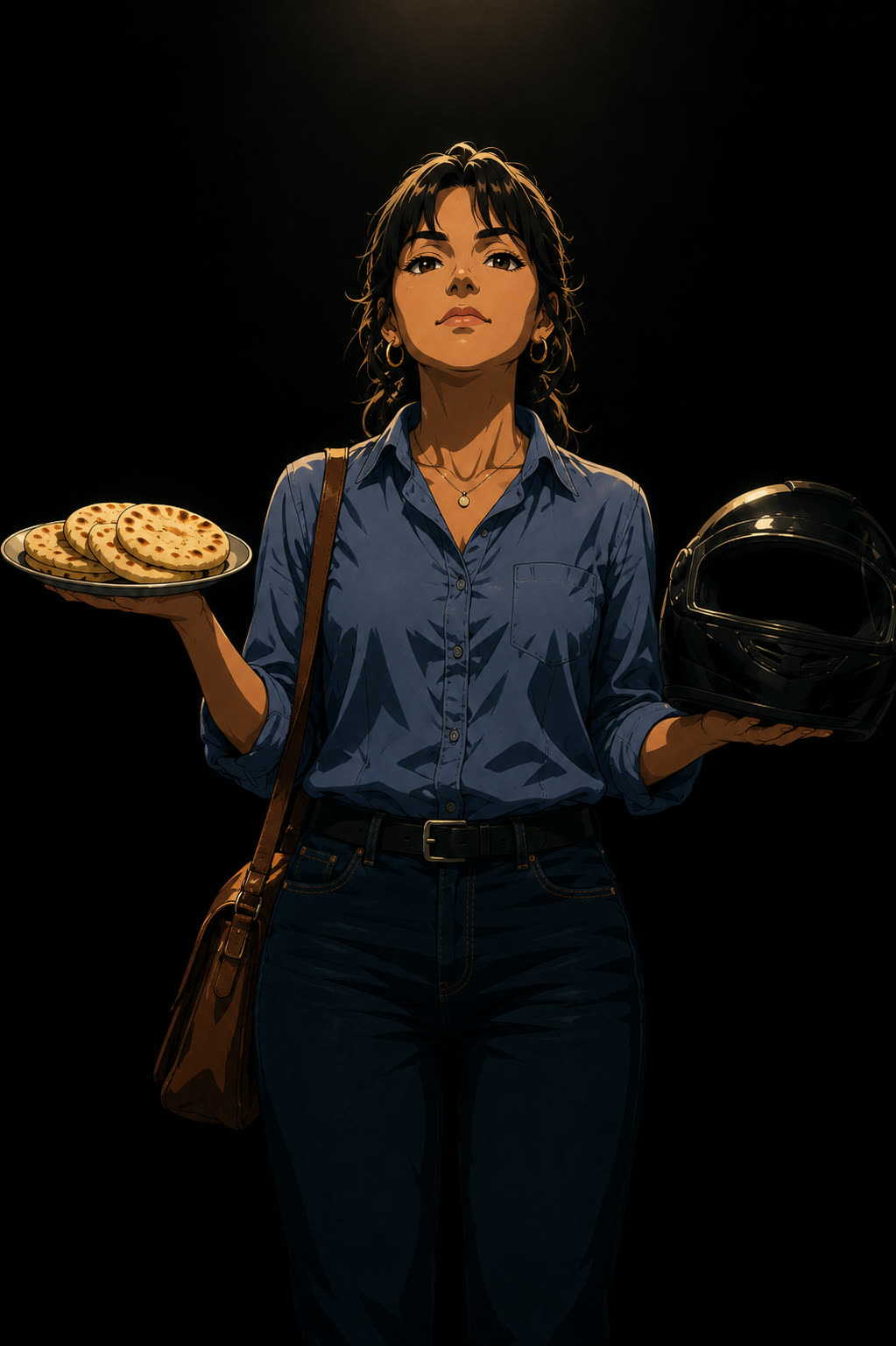 María Fernanda sostiene un plato de arepas en una mano y el casco de moto en la otra, como una balanza, sobre fondo negro.