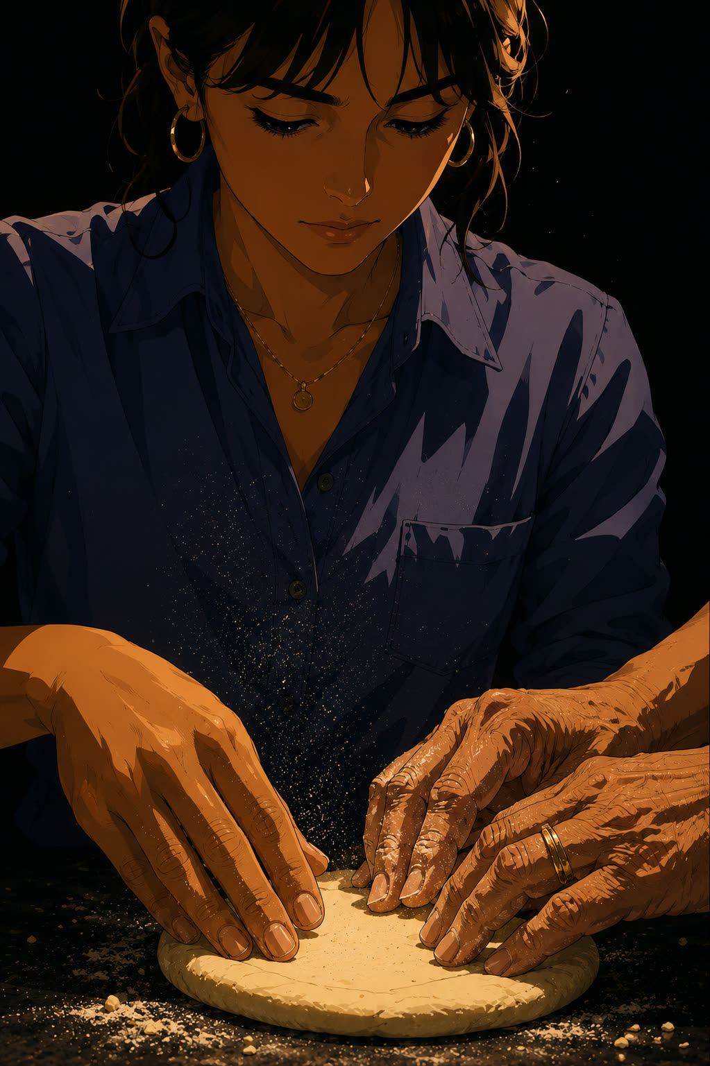 Las manos de María Fernanda y las de su madre trabajando la misma masa de arepa bajo una luz cenital.