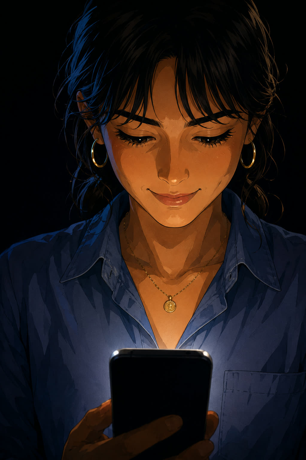 El rostro de María Fernanda iluminado por la pantalla de un solo celular, con expresión de alivio al recibir una respuesta.