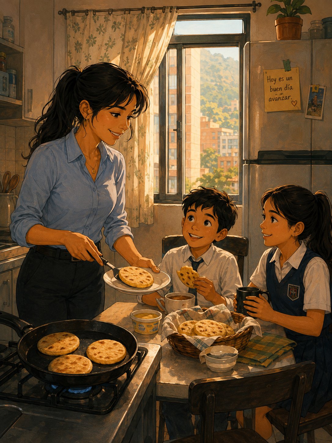 María Fernanda sirve el desayuno a sus dos hijos, con uniforme escolar, mientras se doran arepas en el sartén.