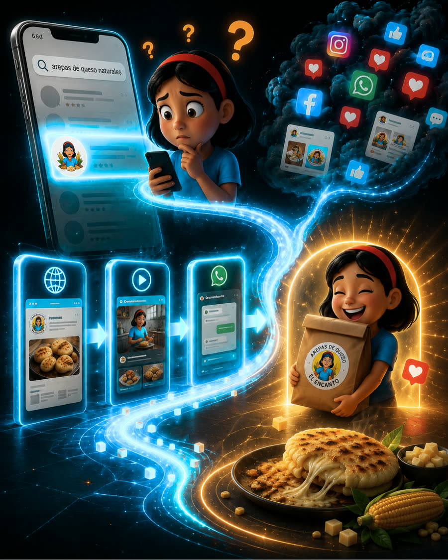 Una clienta busca arepas en su teléfono y un camino de luz la lleva por web, contenido y WhatsApp hasta recibir su pedido de El Encanto.