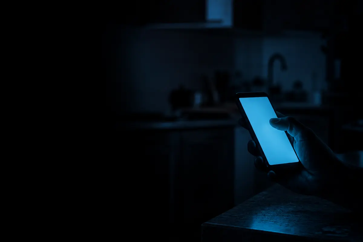 Un teléfono encendido en una cocina a oscuras