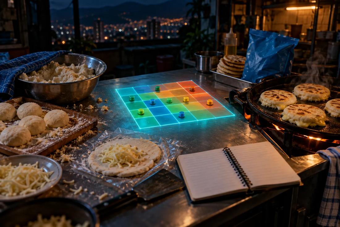 Mesa de producción artesanal de arepas con un mapa de calor de riesgos proyectado encima