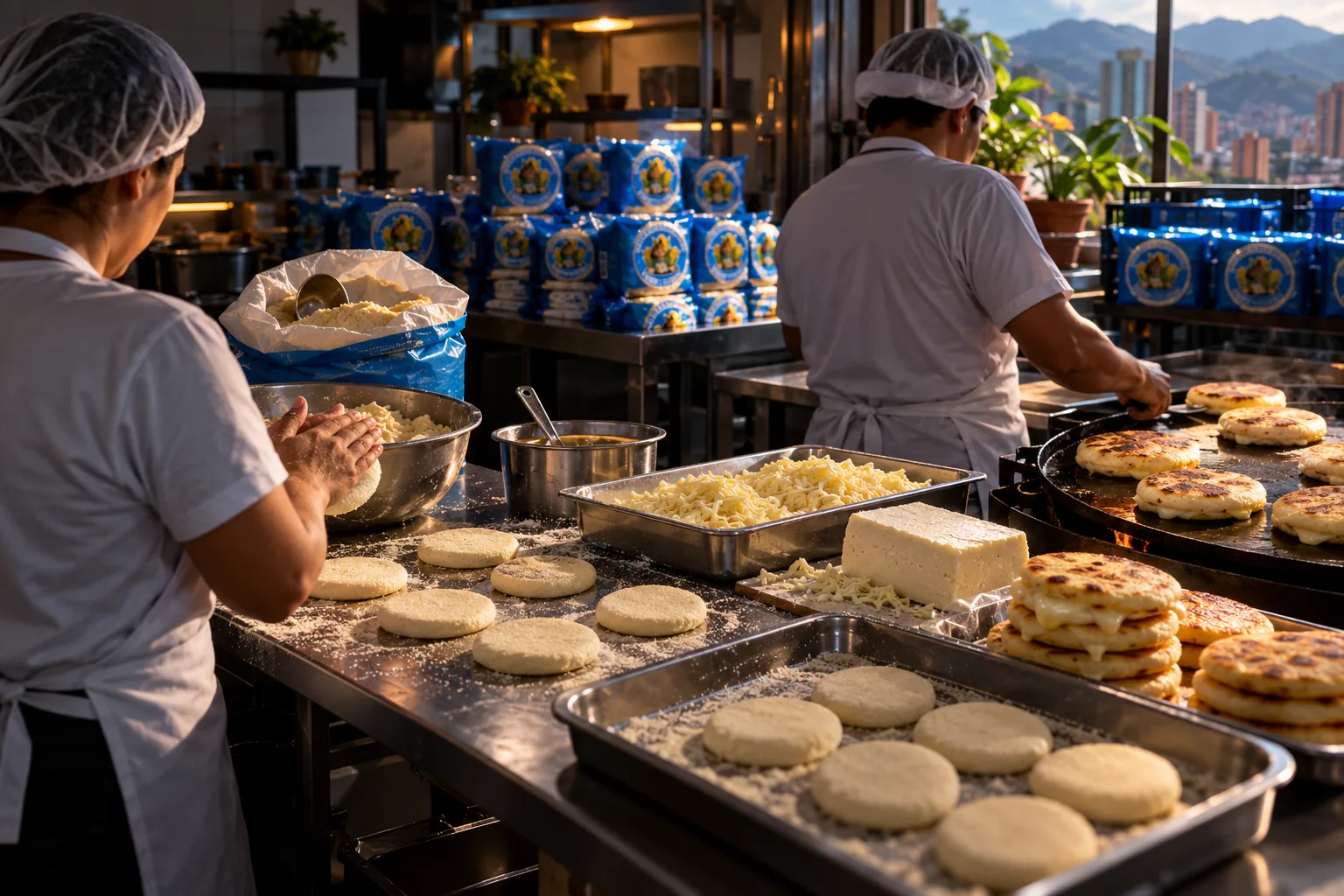 Dos personas formando arepas a mano en el taller familiar de El Encanto