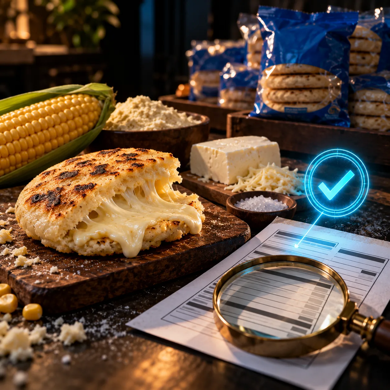 Arepa abierta junto a sus ingredientes y una ficha técnica bajo una lupa