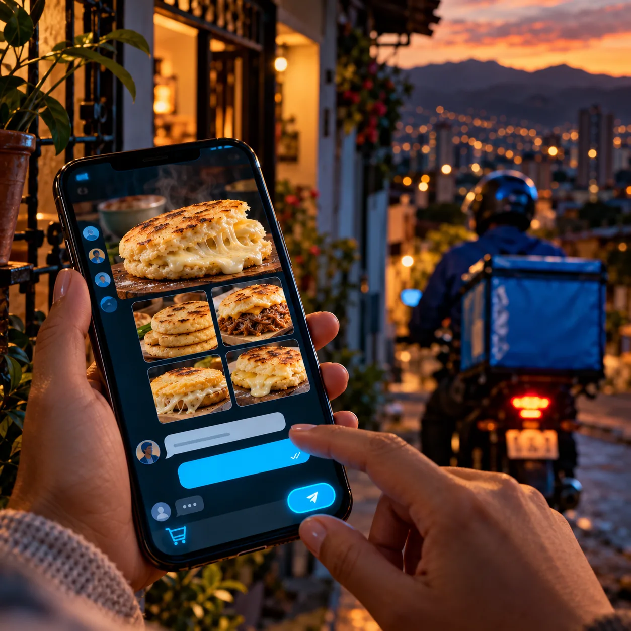 Celular con un catálogo de arepas y un domiciliario al fondo