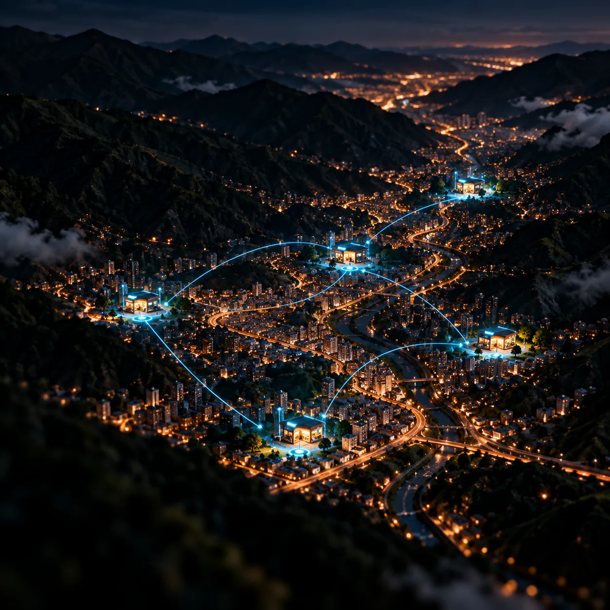 Maqueta nocturna del Valle de Aburrá con cinco zonas iluminadas