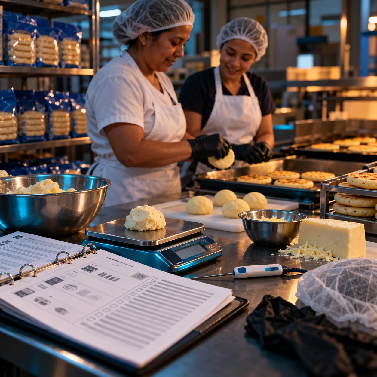 Mesa de trabajo con procedimientos, balanza y una segunda persona aprendiendo el proceso