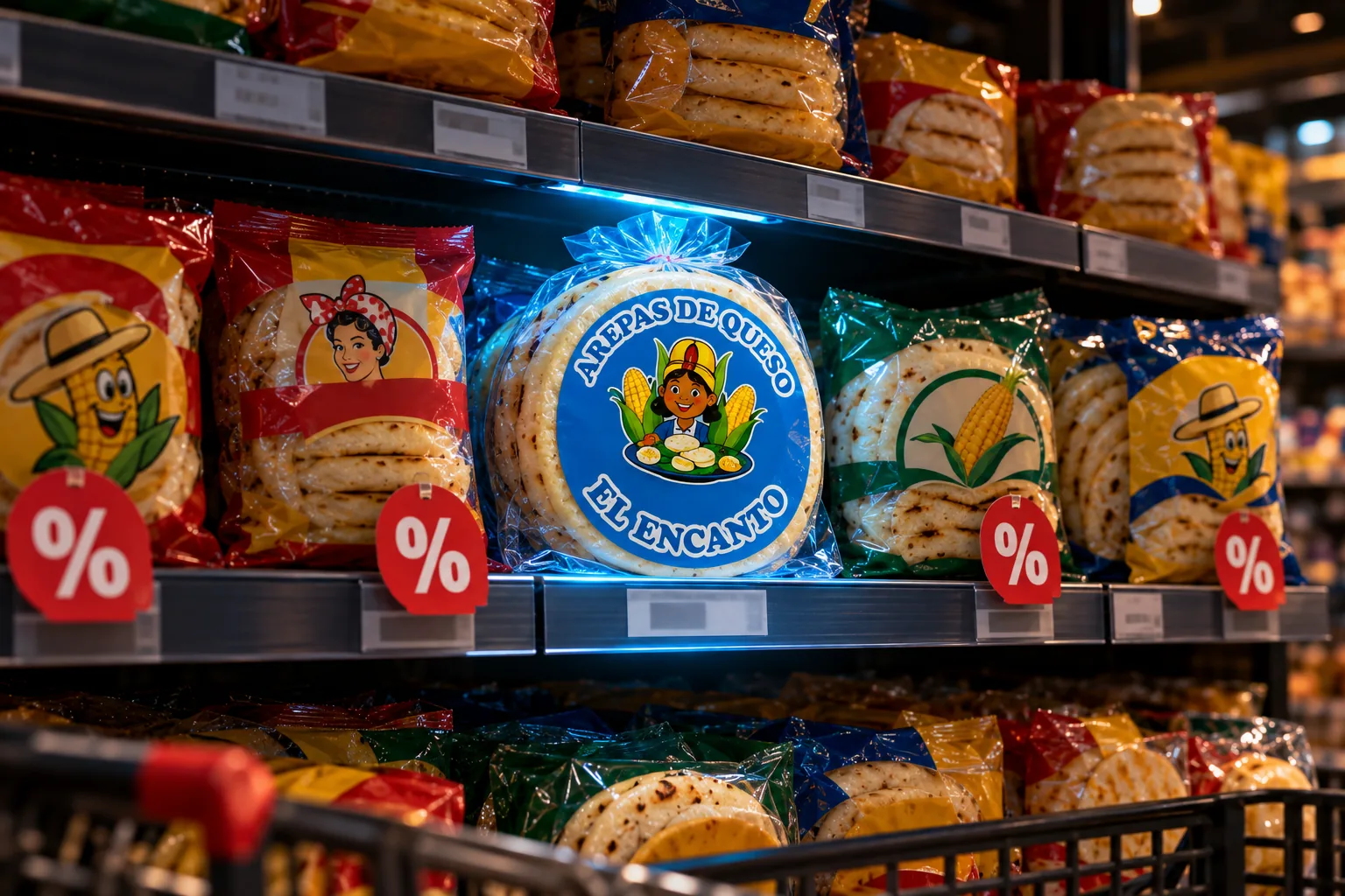 Anaquel de tienda de barrio con etiquetas de descuento y un paquete azul que no entra a la guerra