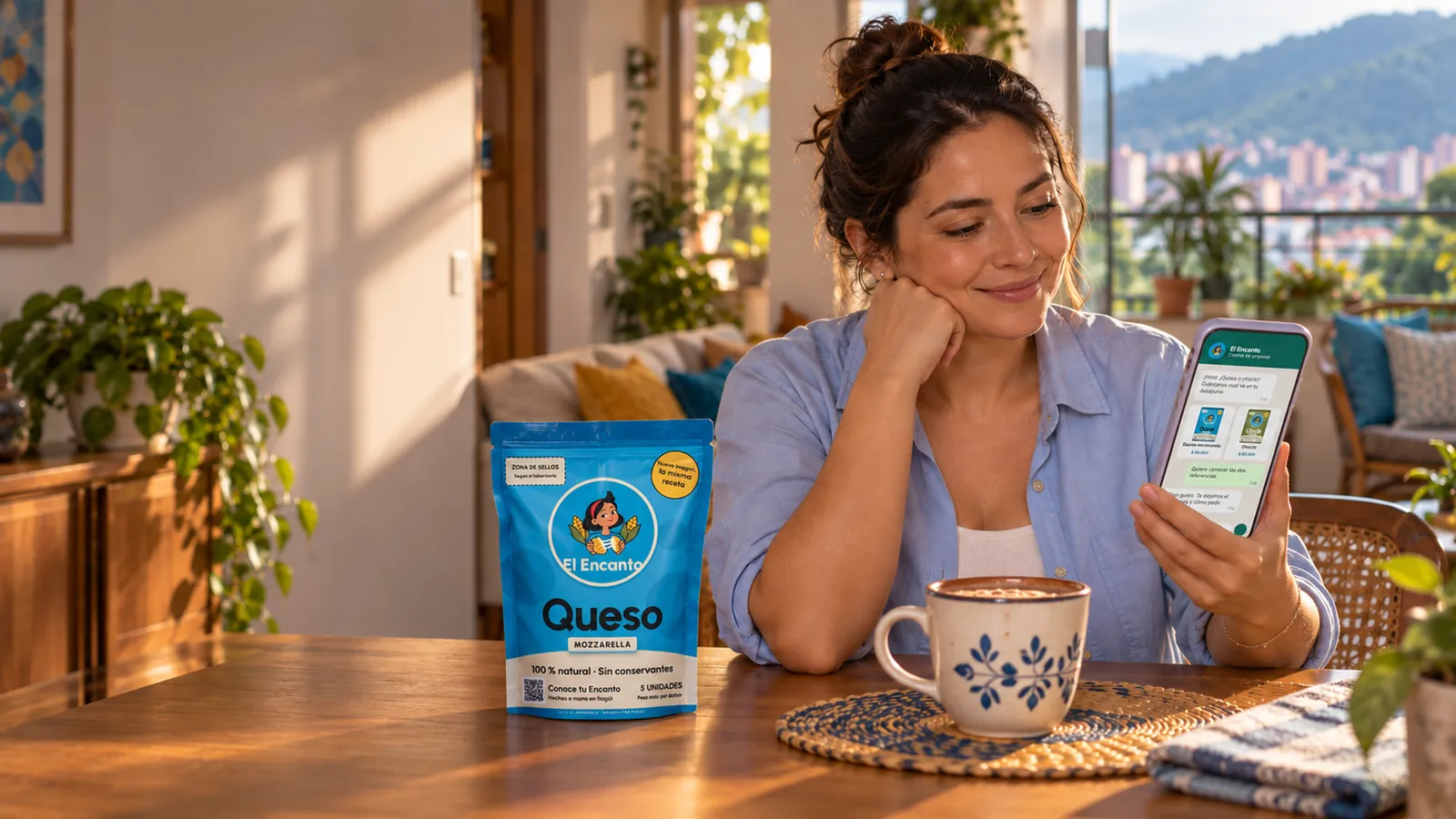 Mujer sonriente con un café, mirando su celular junto a una bolsa de arepas El Encanto