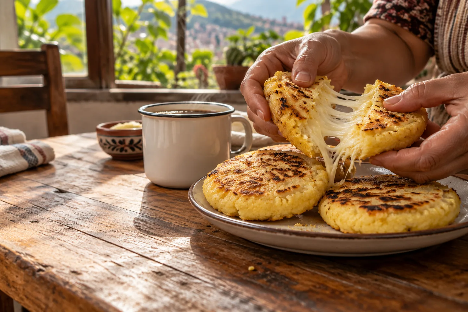 Desayuno familiar con arepas, luz de ventana y manos que parten una arepa